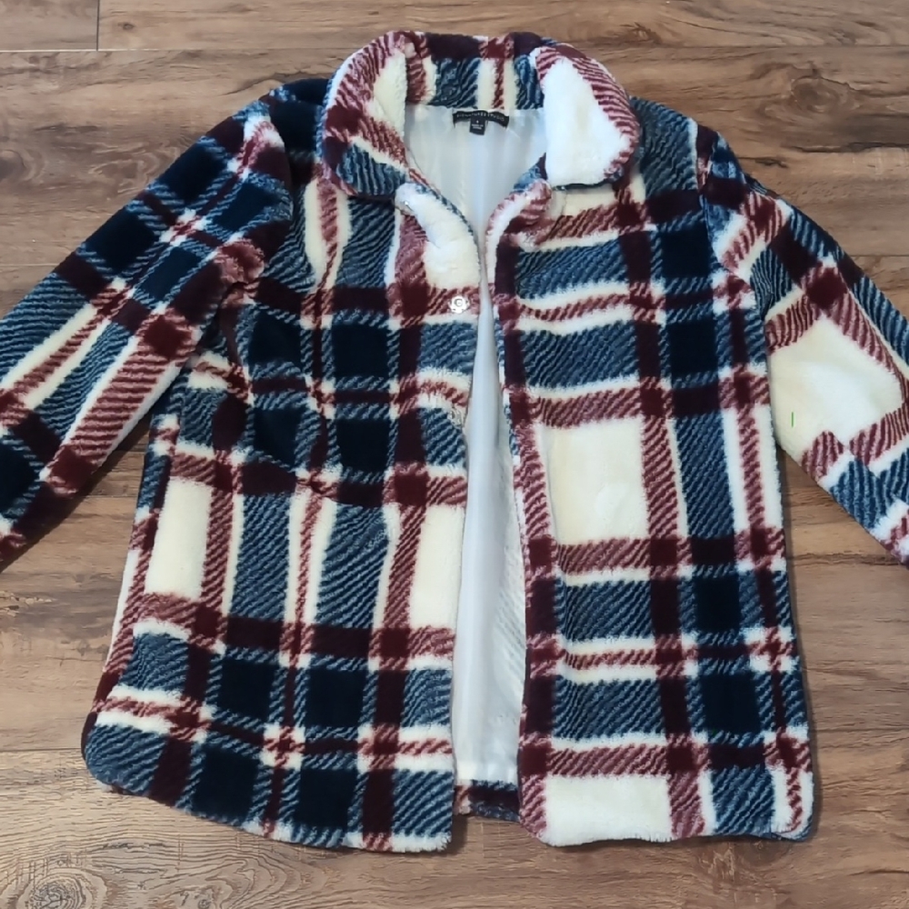 Signature Studio Plush Plaid Puffer Coat in Red, Blue, and Cream